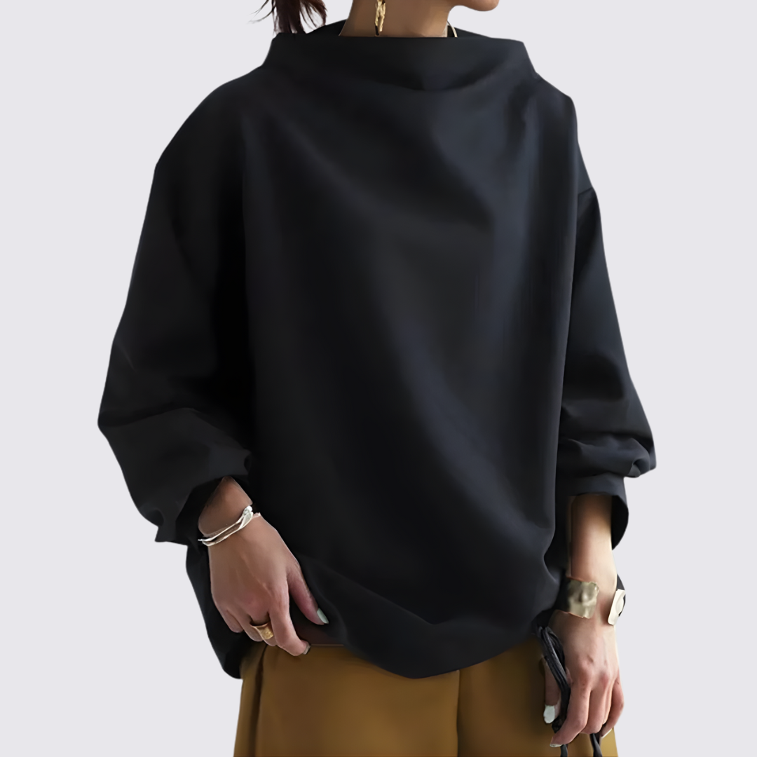 Women's Blouse with Oversized Cut - Long Sleeve Blouse - Wide Neckline