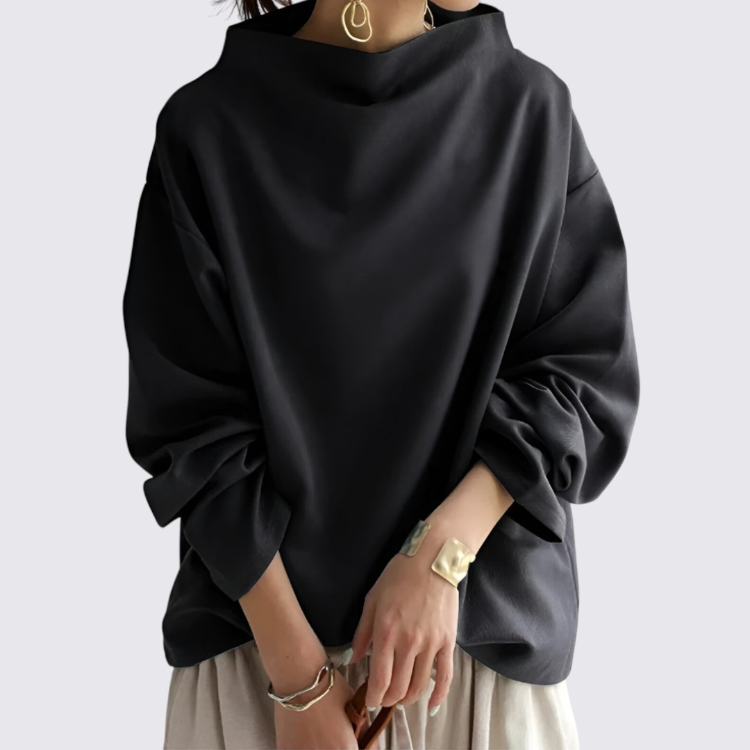 Women's Blouse with Oversized Cut - Long Sleeve Blouse - Wide Neckline