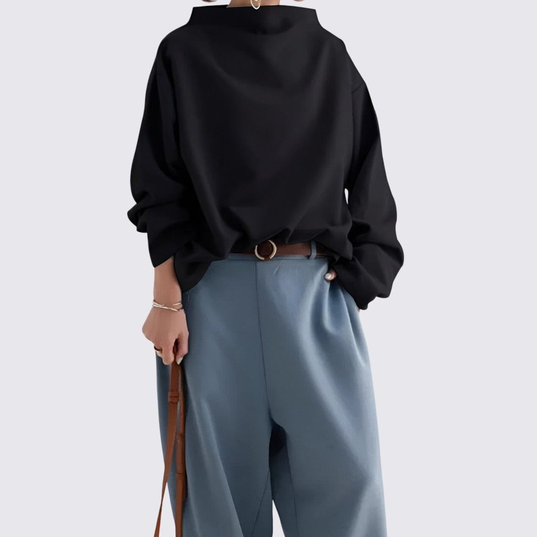 Women's Blouse with Oversized Cut - Long Sleeve Blouse - Wide Neckline