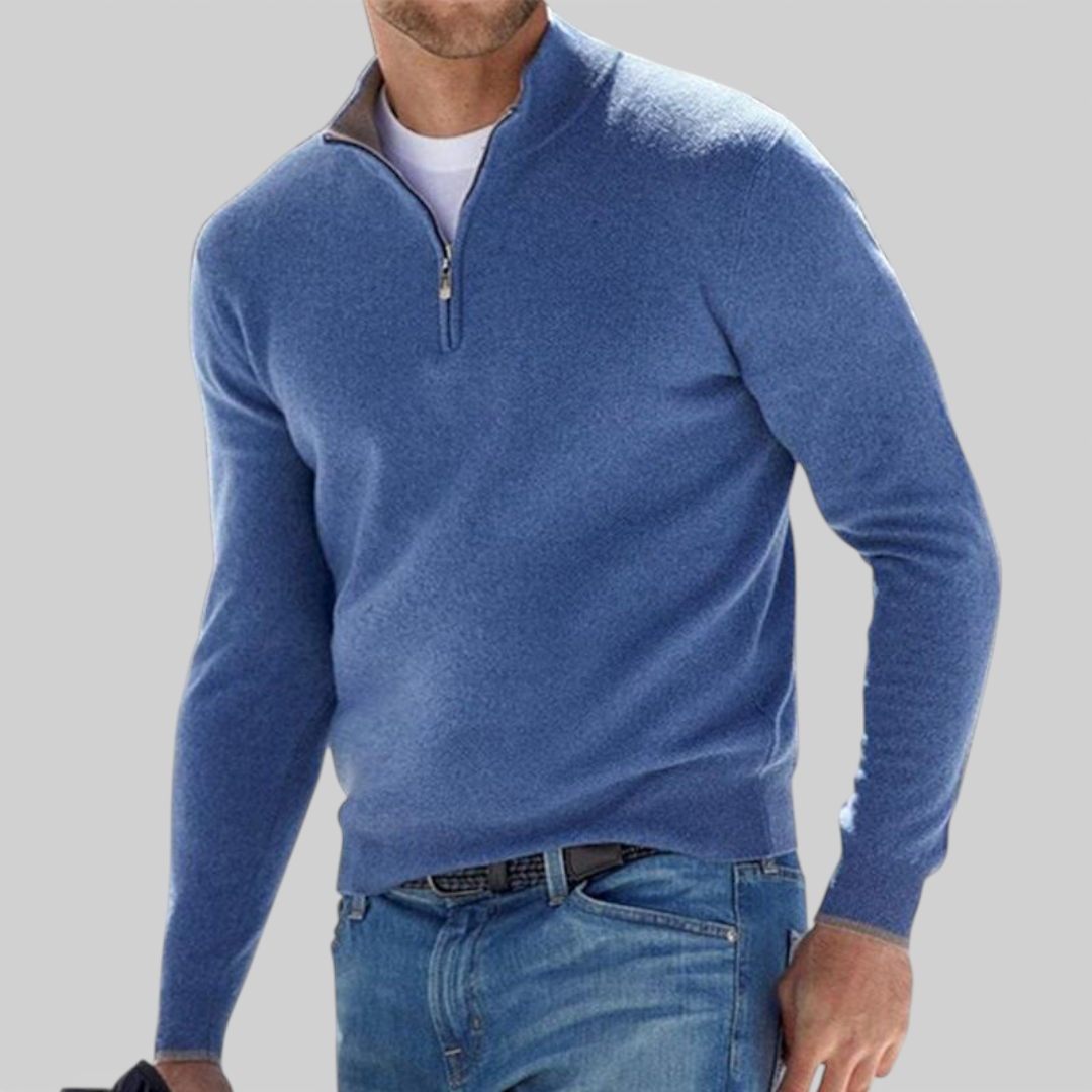 Men's Pullover with Stand-Up Collar - Classic Pullover - Zip Front