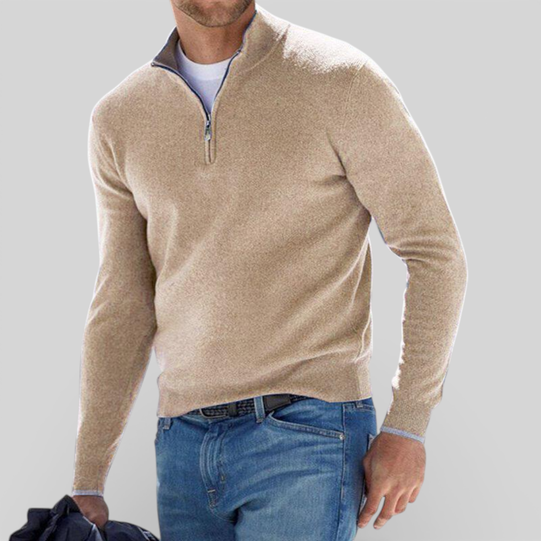 Men's Pullover with Stand-Up Collar - Classic Pullover - Zip Front
