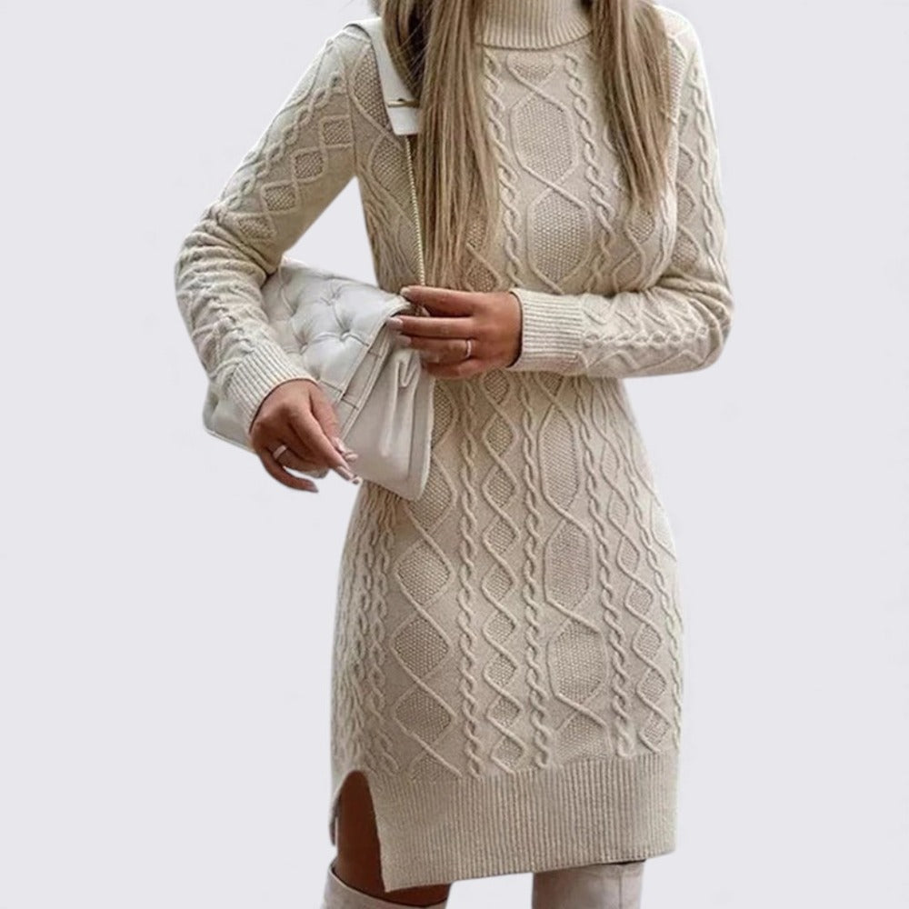 Women's Knitted Dress with Stand-Up Collar – Long Sleeve – Cable Knit Dress
