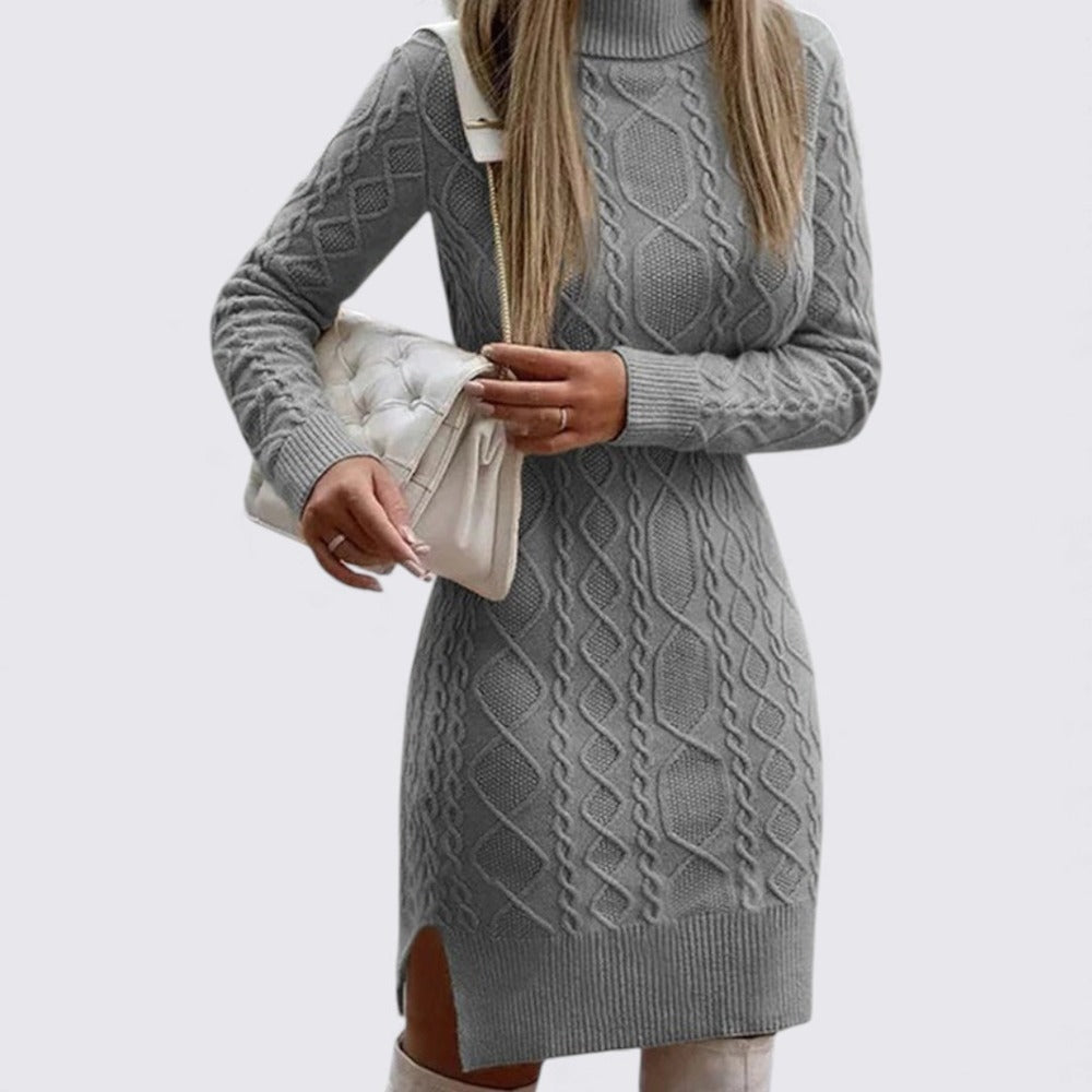 Women's Knitted Dress with Stand-Up Collar – Long Sleeve – Cable Knit Dress