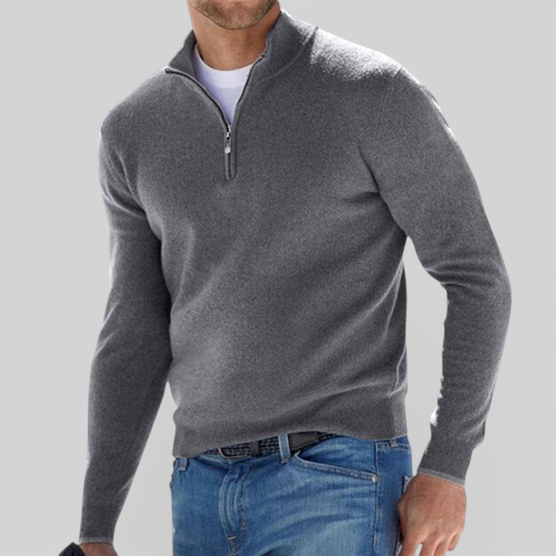 Men's Pullover with Stand-Up Collar - Classic Pullover - Zip Front