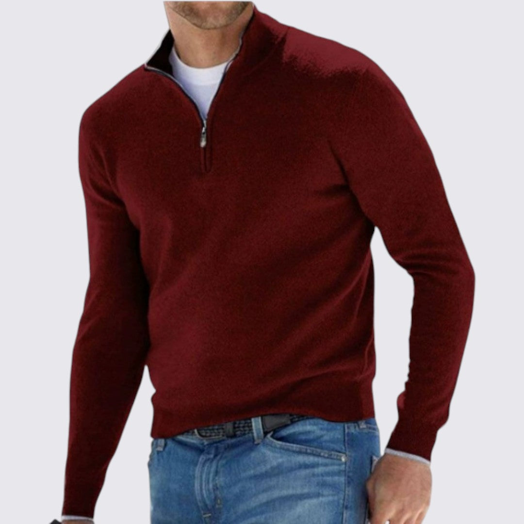 Men's Pullover with Stand-Up Collar - Classic Pullover - Zip Front